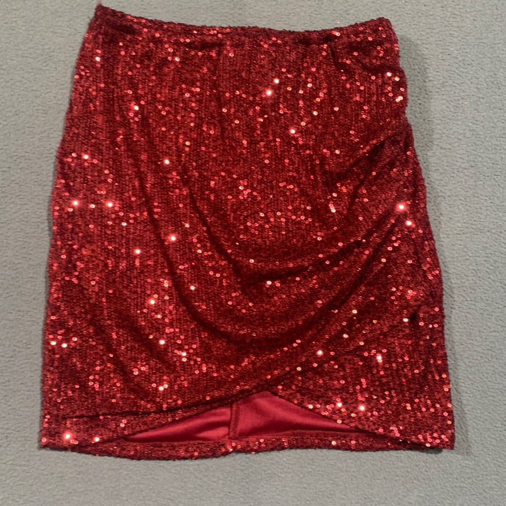 Windsor Sequin Mini Skirt Womens Small Red Ruched Tulip Hem Party Glam Sparkle